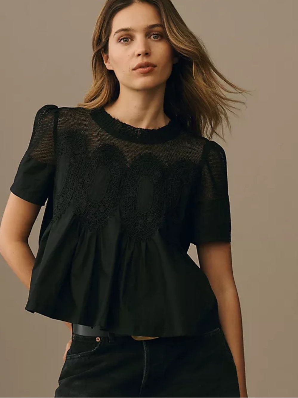 En Elly Anthropologie The Iris Black Lace Yoke Short Sleeve Peplum Top Size M